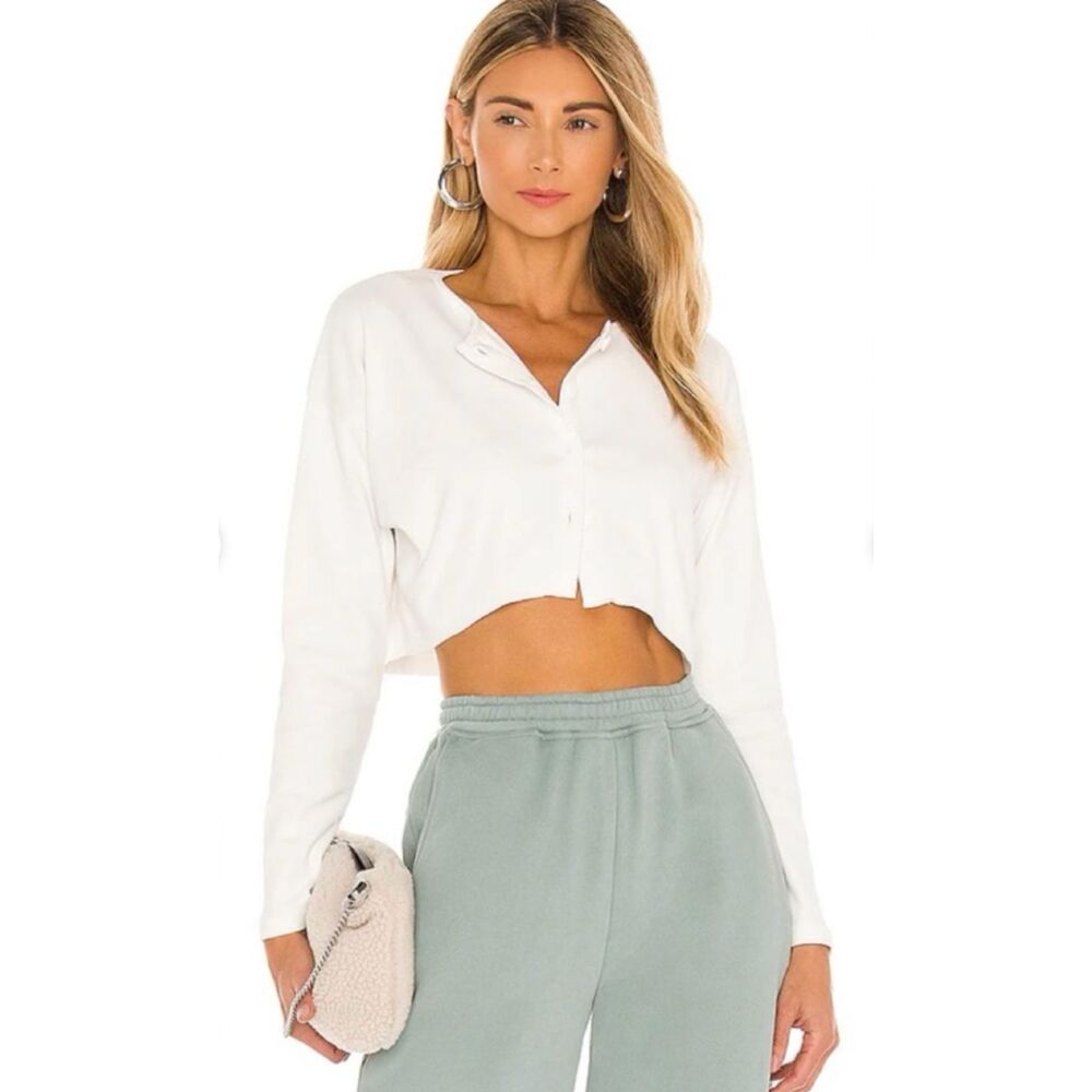Lovers + Friends White Cropped Button-Front Long-Sleeve Top